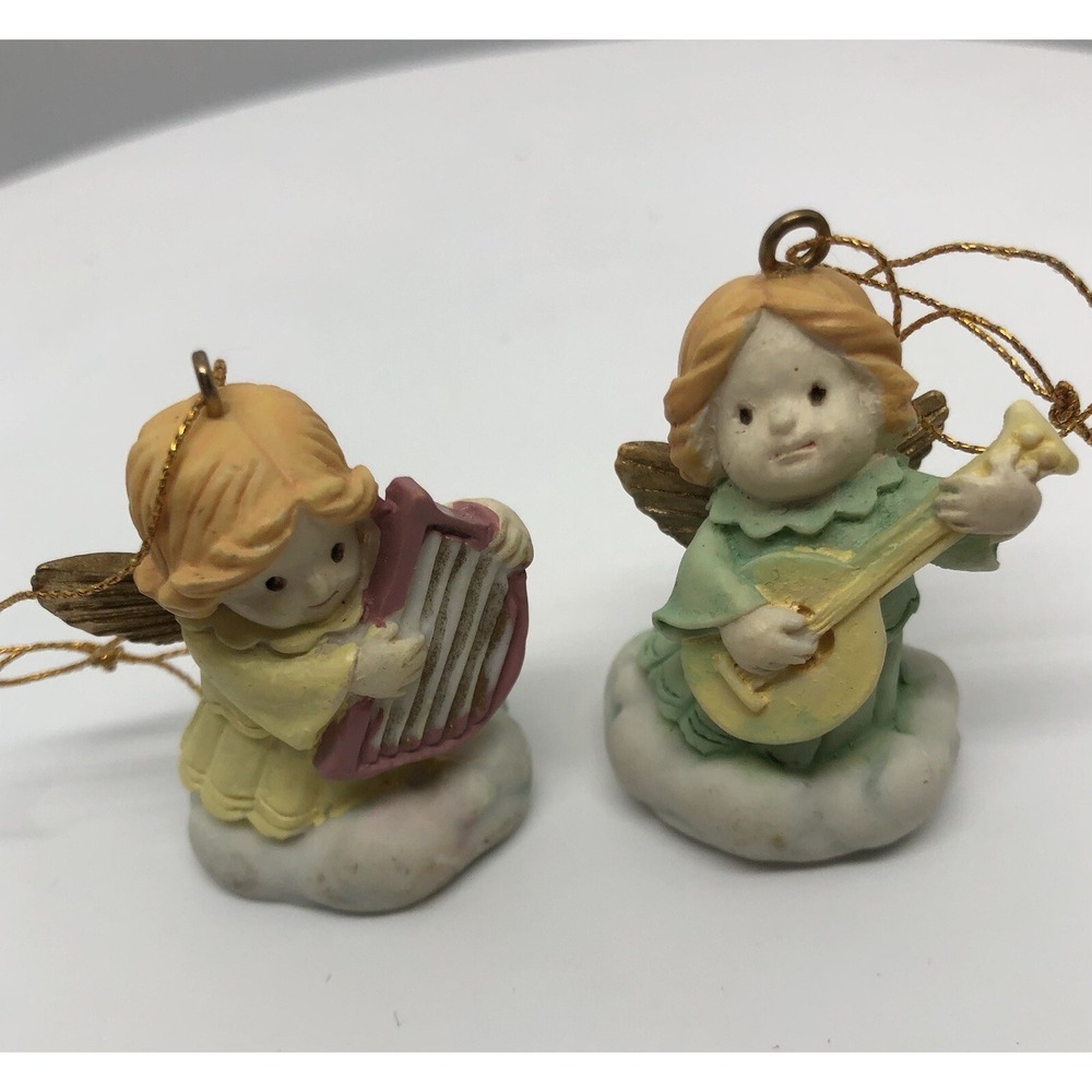 2 Angel Ornaments Christmas Decor 1" Resin Christmas Tree Wings Harp Instrument